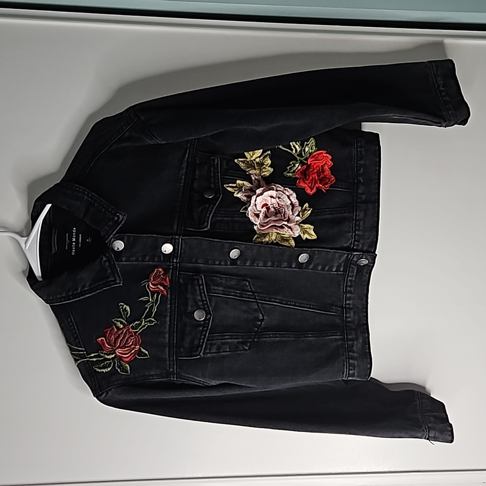 Haute Monde Faded Black Jean Jacket Patches & Embroidered Colorful Flowers